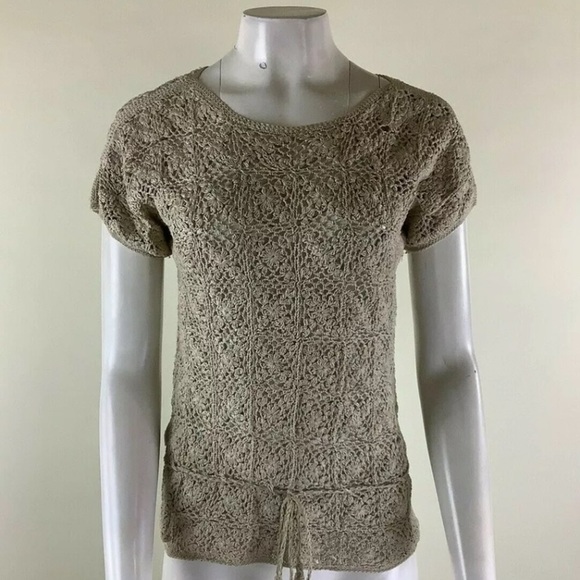 SK Imports Womens Sz M Hand Crochet Top Brown 100% Cotton Short Sleeve - Picture 1 of 6